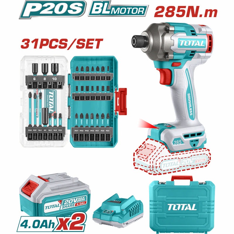 ATORNILLADOR DE IMPACTO  1/4" 20V 285NM + JGO. PUNTAS 31PZS + 2 BAT. 4.0AH Y CARGADOR