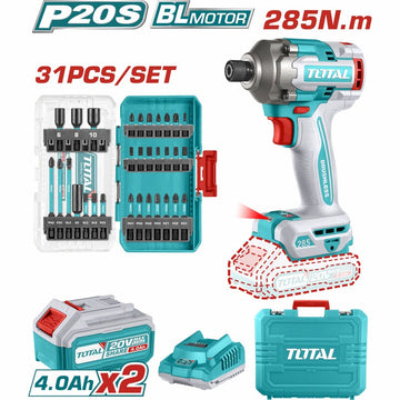 ATORNILLADOR DE IMPACTO  1/4" 20V 285NM + JGO. PUNTAS 31PZS + 2 BAT. 4.0AH Y CARGADOR
