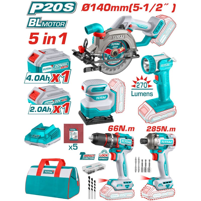 COMBO 20V SIERRA CIRCULAR 5-1/2 + TALADRO PERCUTOR 1/2 66NM + IMPACTO 1/4" 285NM + LIJADORA 4 3/8"X4" + LINTERNA 270LM + 1 BA