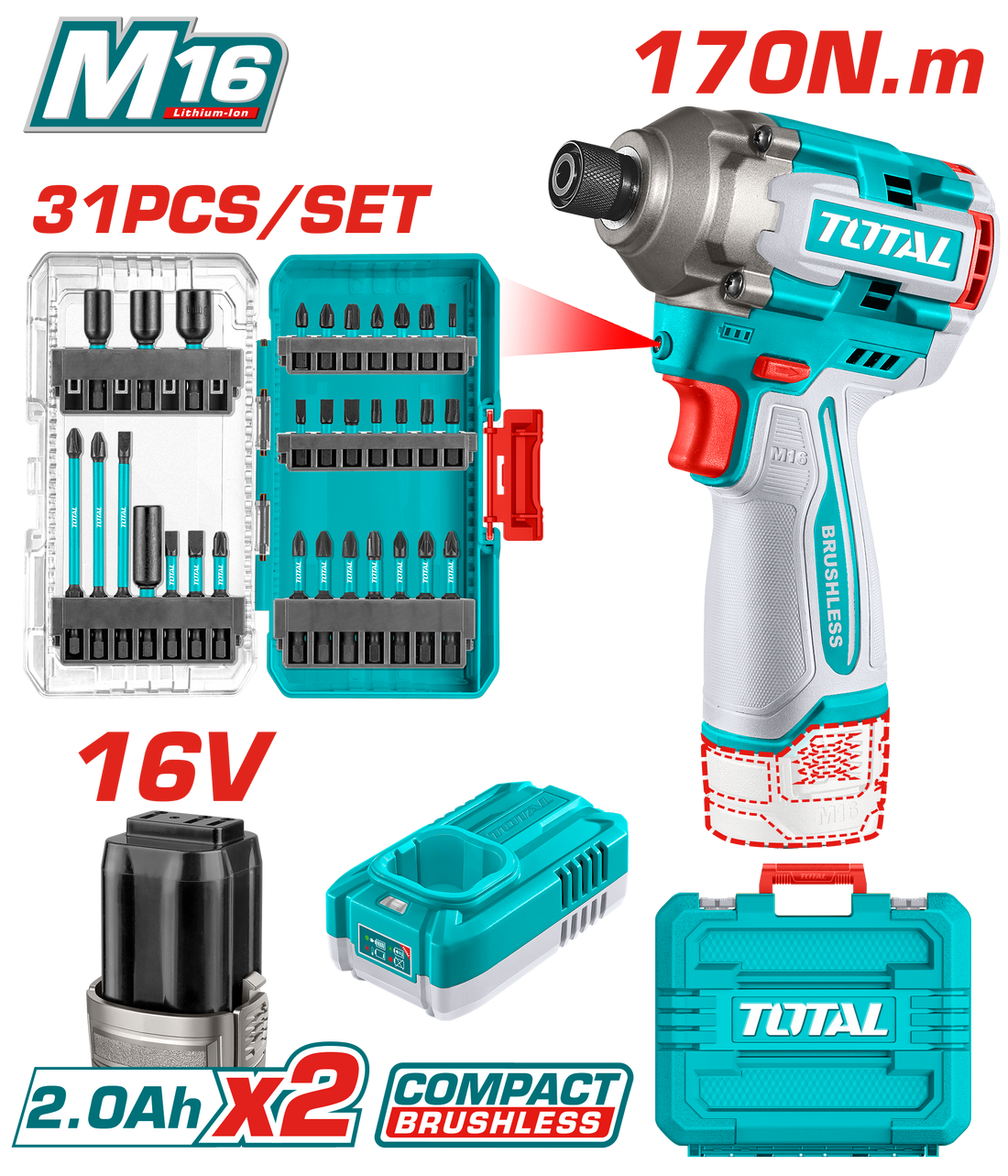 ATORNILLADOR DE IMPACTO 16V 1/4 170NM + 31 ACCESORIOS + 2 BATERIAS (2.0AH)  +CARGADOR INDUSTRIAL SUPER TOTAL