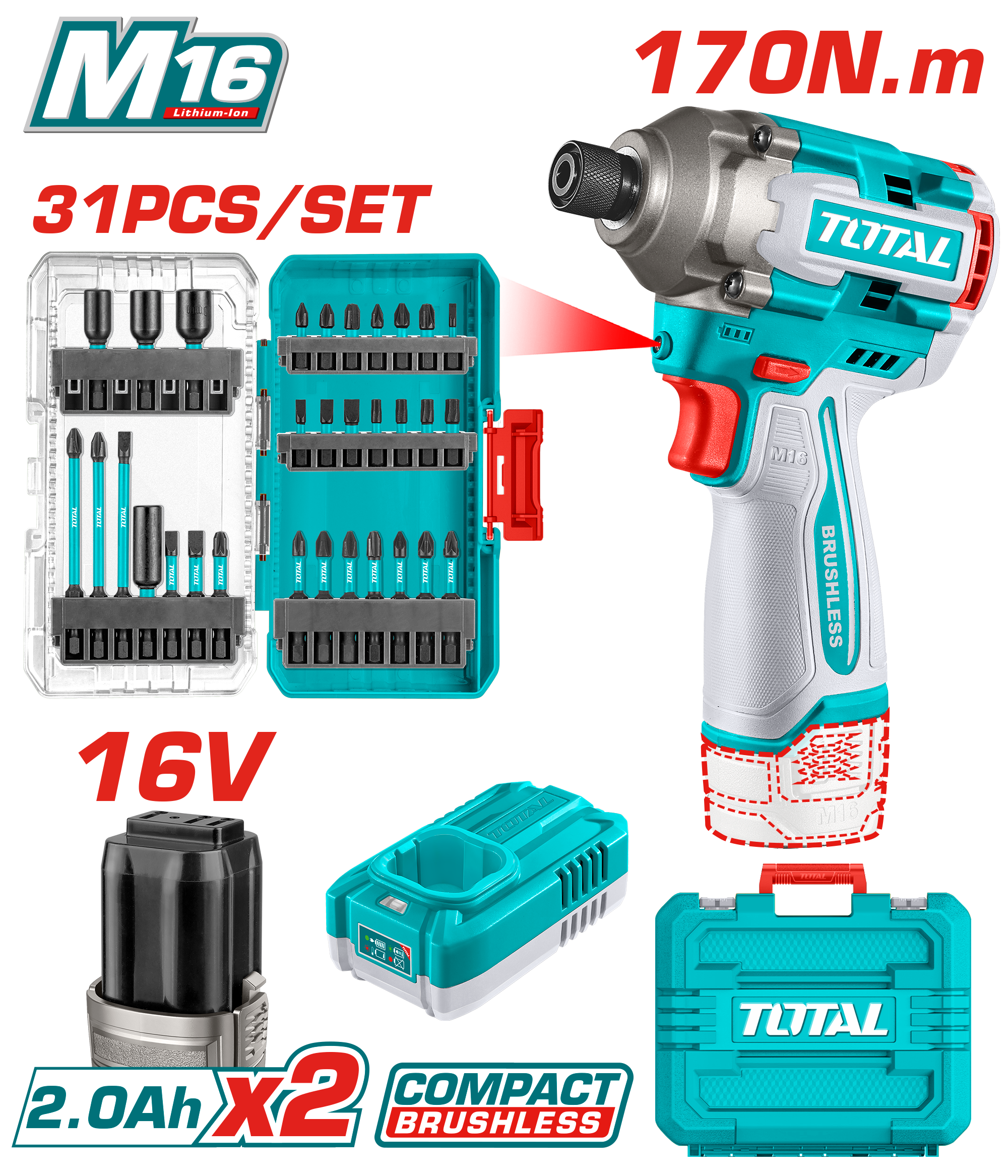 ATORNILLADOR DE IMPACTO 16V 1/4 170NM + 31 ACCESORIOS + 2 BATERIAS (2.0AH)  +CARGADOR INDUSTRIAL SUPER TOTAL
