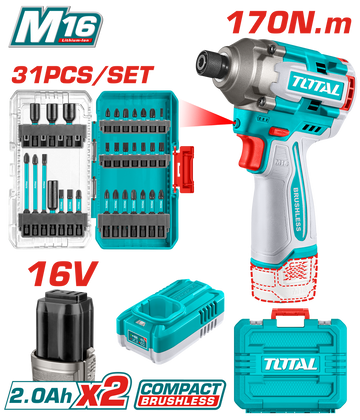 ATORNILLADOR DE IMPACTO 16V 1/4 170NM + 31 ACCESORIOS + 2 BATERIAS (2.0AH)  +CARGADOR INDUSTRIAL SUPER TOTAL