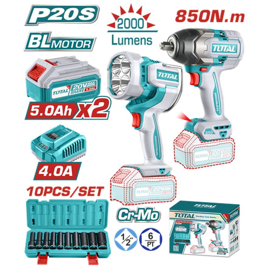 COMBO 20V PISTOLA IMPACTO 1/2" 850NM + LAMPARA 2000L + JGO. COPAS 10-24MM + 2 BAT. 5.0AH, CARGADOR