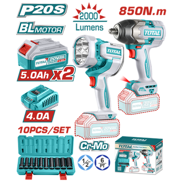 COMBO 20V PISTOLA IMPACTO 1/2" 850NM + LAMPARA 2000L + JGO. COPAS 10-24MM + 2 BAT. 5.0AH, CARGADOR
