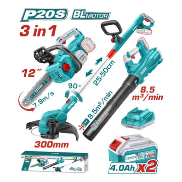 COMBO INALAMBRICO 20V MOTOSIERRA INALAMBRICA 12" + GUADAÑADORA + SOPLADORA + 2 BATERIAS 4.0 AH Y CARGADOR INDUSTRIAL SUPER TO