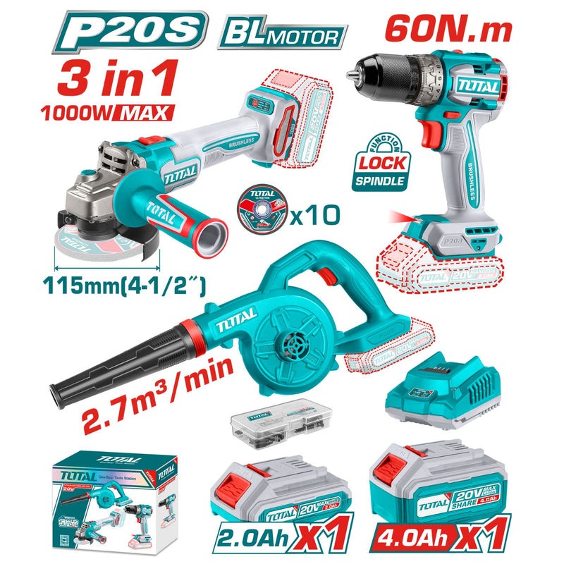 COMBO INALAMBRICO 20V PULIDORA INALAMBRICA 4 1/2 1000W + TALADRO INALAMBRICO 1/2 60N.M + SOPLADORA INCLUYE 10 DISCOS DE CORTE