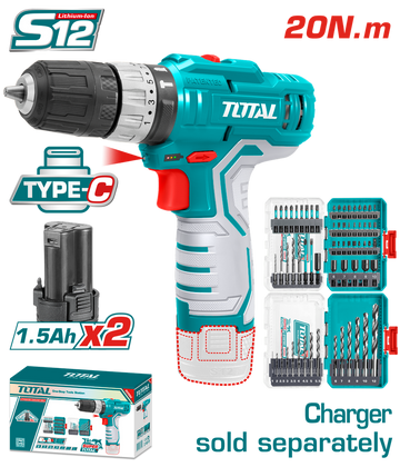 TALADRO INALAMBRICO 3/8 12V 20 N.M INCLUYE 2 BATERIA DE 1.5 AH + PUNTA TALADRO Y BROCA INDUSTRIAL SUPER TOTAL