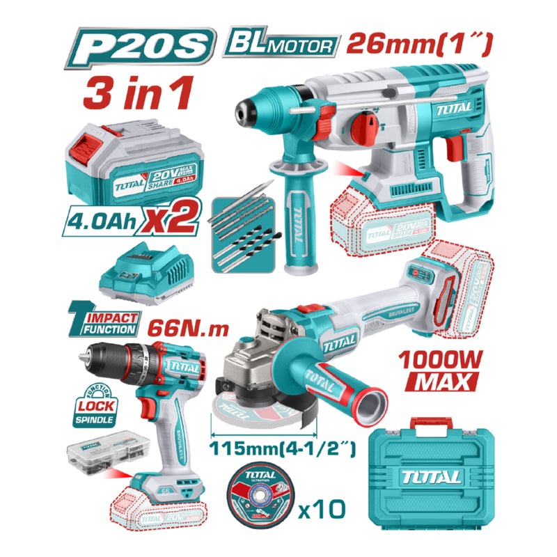 COMBO 20V X3 PZS: TALADRO PERCUTOR 1/2 66NM + PULIDORA 4 1/2 + ROTOMARTILLO SDS PLUS 2.5J. INCLUYE 2 BATERÍAS 4.0AH, CARGADOR