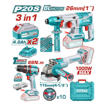 COMBO 20V X3 PZS: TALADRO PERCUTOR 1/2 66NM + PULIDORA 4 1/2 + ROTOMARTILLO SDS PLUS 2.5J. INCLUYE 2 BATERÍAS 4.0AH, CARGADOR