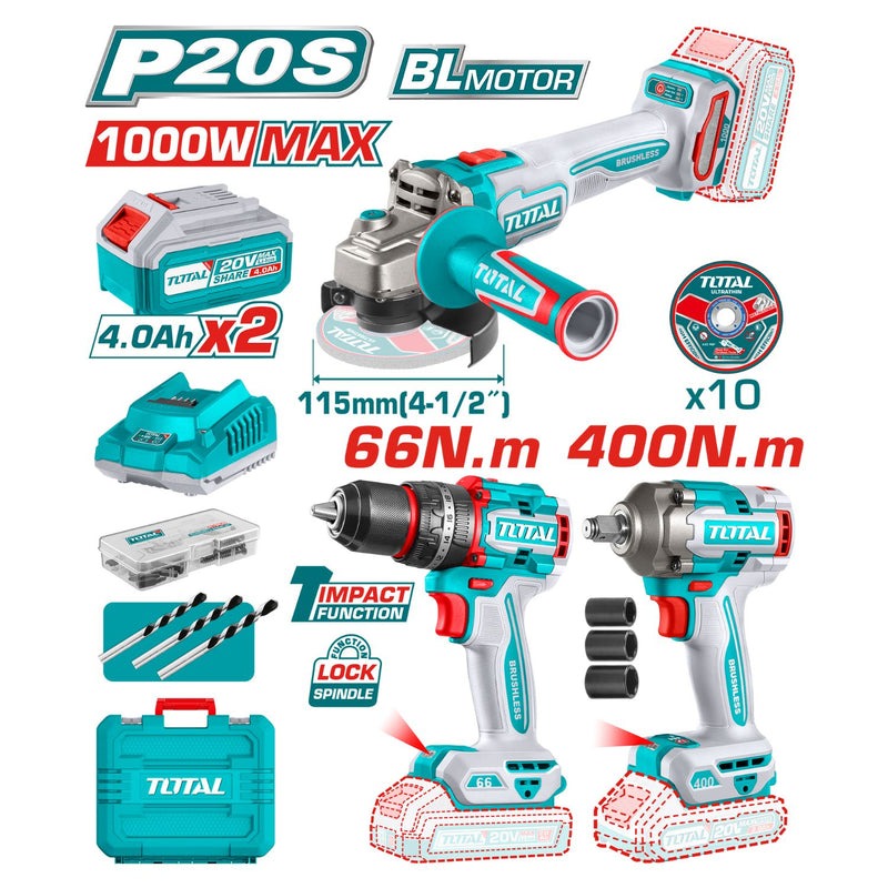 COMBO INALAMBRICO 20V TALADRO 1/2"  66NM + PULIDORA 4 1/2"  1000W + PISTOLA IMPACTO  1/2 400NM INCLUYE 2 BATERIA 20V(4.0AH),C