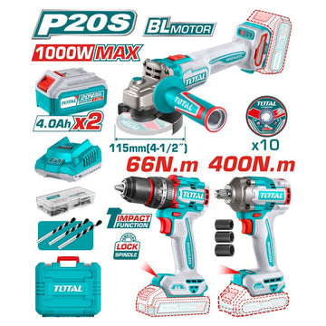 COMBO INALAMBRICO 20V TALADRO 1/2"  66NM + PULIDORA 4 1/2"  1000W + PISTOLA IMPACTO  1/2 400NM INCLUYE 2 BATERIA 20V(4.0AH),C