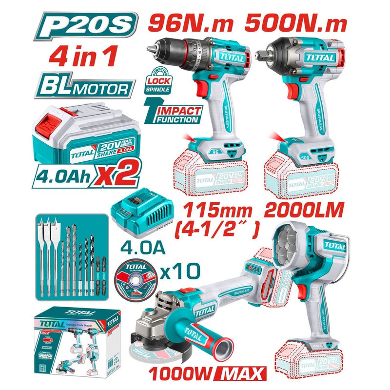 COMBO INALAMBRICO 20V TALADRO 1/2 96 N.M + PISTOLA IMPACTO 1/2 500 N.M + PULIDORA 4 1/2 1000W + LAMPARA DE TRABAJO 2000 LUMEN