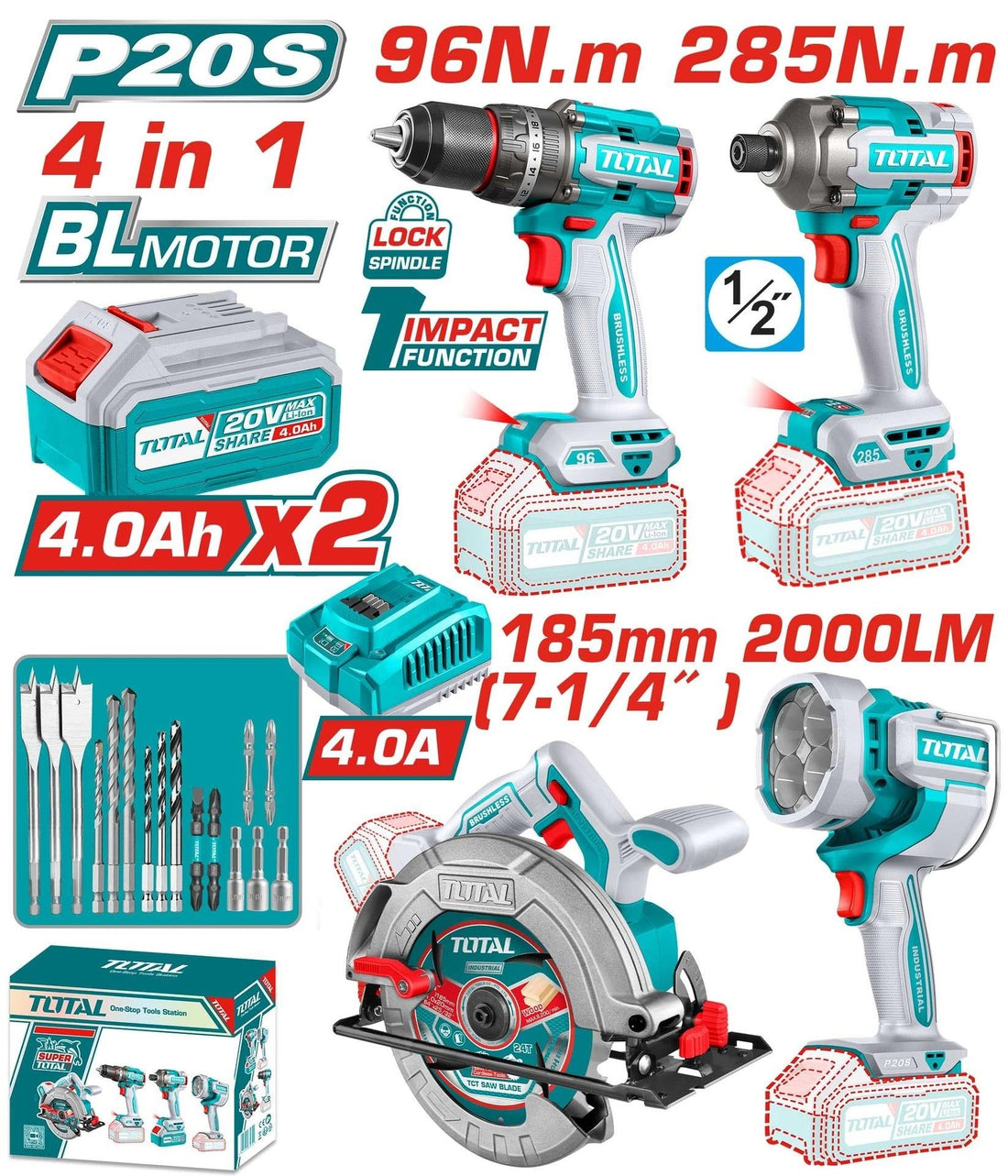 COMBO INALAMBRICO 20V TALADRO PERCUTOR 96NM + ATORNILLADOR DE IMPACTOR 1/2" 285NM + SIERRA CIRCULAR 7-1/4" + LAMPARA DE TRABA