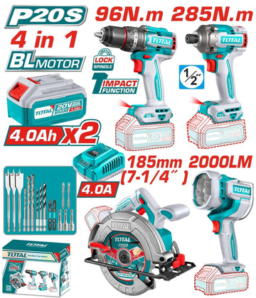 COMBO INALAMBRICO 20V TALADRO PERCUTOR 96NM + ATORNILLADOR DE IMPACTOR 1/2" 285NM + SIERRA CIRCULAR 7-1/4" + LAMPARA DE TRABA