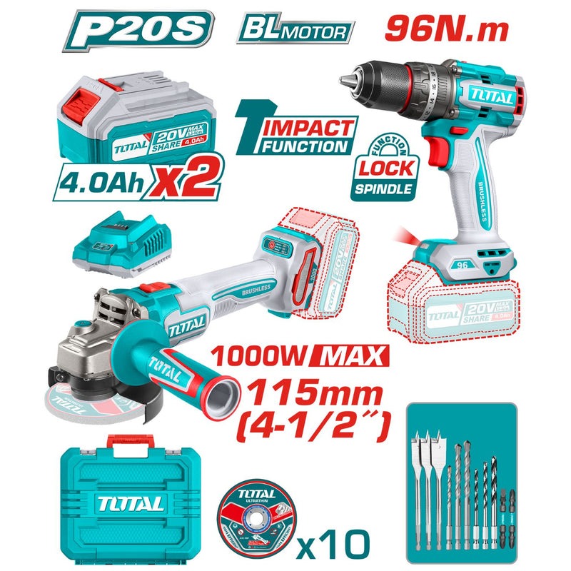 COMBO TALADRO 1/2" 96NM + PULIDORA 4 1/2" 1000W INCLUYE 2 BATERIA 20V(4.0AH),CARGADOR , 10 DISCOS DE CORTE Y ACCESORIOS INDUS