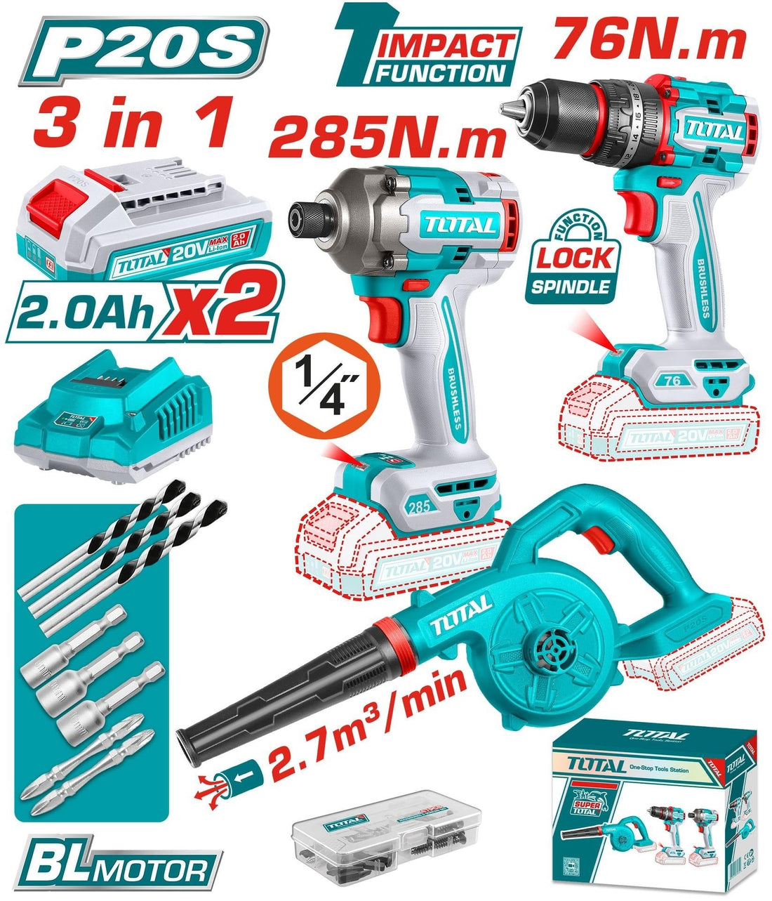 COMBO INALAMBRICO 20 V ATORNILLADOR IMPACTO 1/4" 285NM + TALADRO PERCUTOR 1/2" 76NM + SOPLADORA INCLUYE 2 BATERIAS 2.0AH, CAR