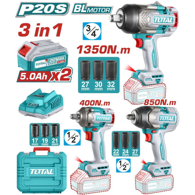 COMBO INALAMBRICO 20V PISTOLA IMPACTO 3/4 1350NM + PISTOLA IMPACTO 1/2 850NM + PISTOLA IMPACTO 1/2 400NM INCLUYE 2 BATERIAS 5