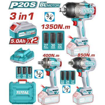 COMBO INALAMBRICO 20V PISTOLA IMPACTO 3/4 1350NM + PISTOLA IMPACTO 1/2 850NM + PISTOLA IMPACTO 1/2 400NM INCLUYE 2 BATERIAS 5