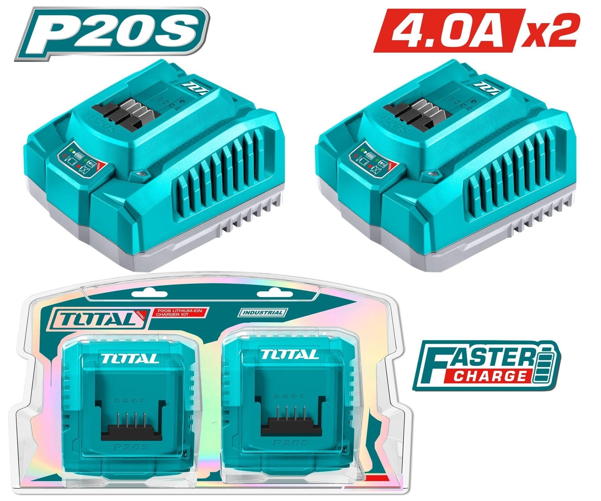 CARGADOR INTELIGENTE PARA BATERIAS 20V 4.0AH JUEGO X 2 PIEZAS INDUSTRIAL TOTAL