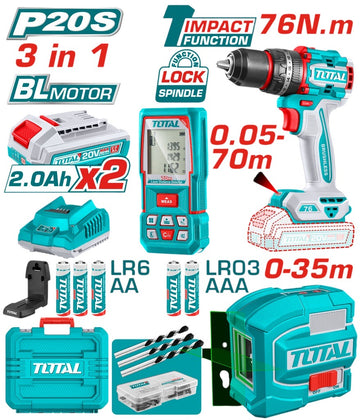 COMBO INALAMBRICO 20V NIVEL LASER 0-35M LUZ VERDE + MEDIDOR DE DISTANCIAS LASER 60MTS + TALADRO PERCUTOR 1/2" 76NM + 2 BATERI