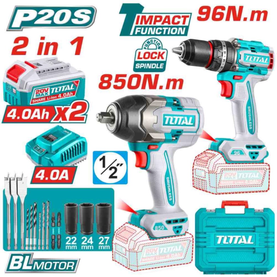 COMBO INALAMBRICO TALADRO 1/2" 96 N.M + PISTOLA DE IMPACTO 1/2" 20V 850 N.M INCLUYE 2 BATERIA 4.0AH , 1 CARGADOR Y ACCESORIOS