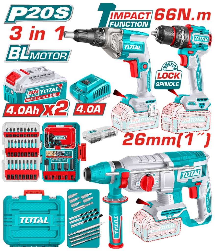 COMBO INALAMBRICO 20V TALADRO PERCUTOR 1/2 66 NM + ATORNILLADOR DRYWALL 1/4" + TALADRO ROTOMARTILLO 1" SDS PLUS 2,5 JULES + 2
