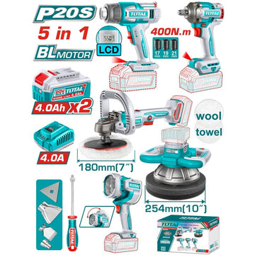COMBO INALAMBRICO 20V POLICHADORA ORBITAL 10"+ POLICHADORA 7" + PISTOLA IMPACTO 1/2" 400 NM + LAMPARA DE TRABAJO LM2000 + PIS