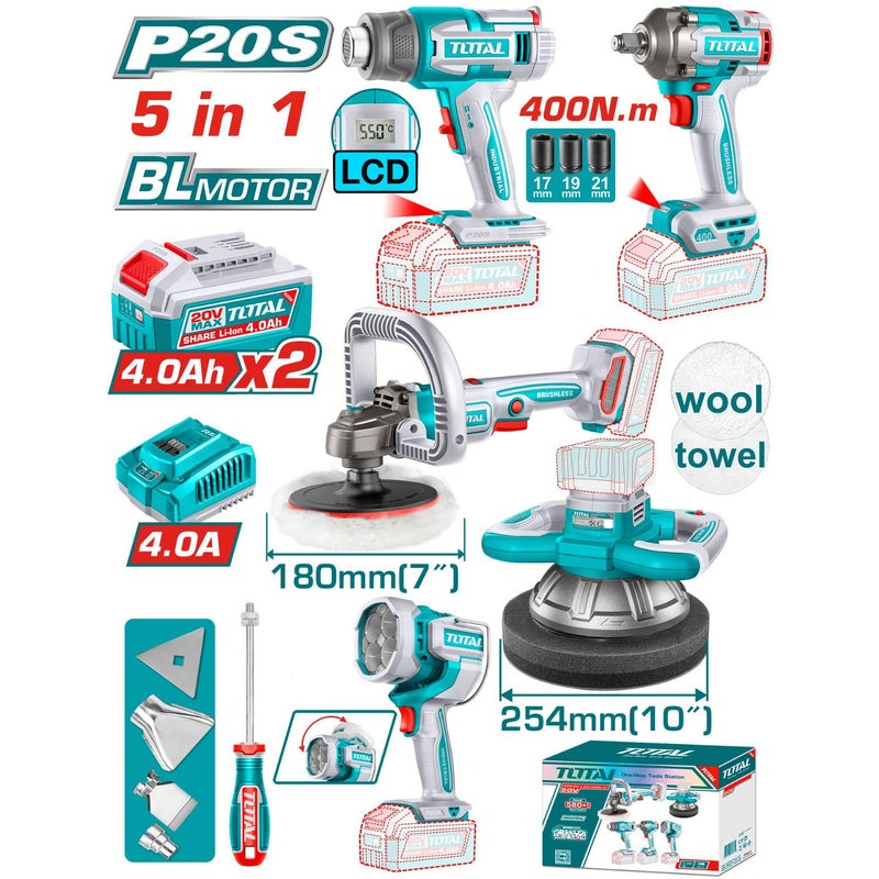 COMBO INALAMBRICO 20V POLICHADORA ORBITAL 10"+ POLICHADORA 7" + PISTOLA IMPACTO 1/2" 400 NM + LAMPARA DE TRABAJO LM2000 + PIS