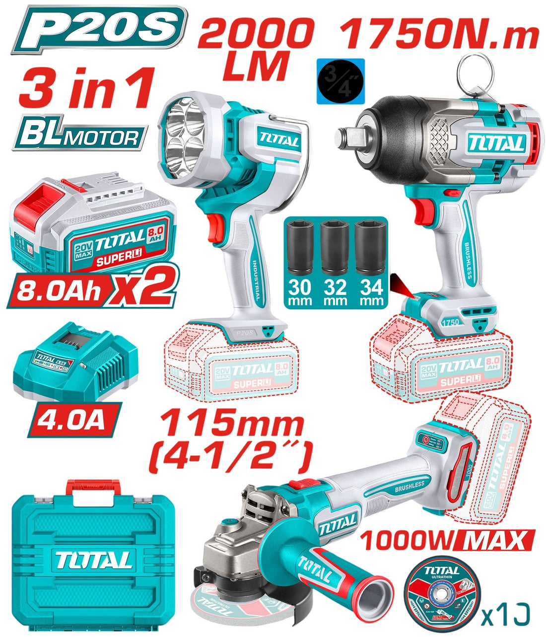 COMBO INALAMBRICO 20V PISTOLA IMPACTO INALAMBRICA 3/4 1750 NM + PULIDORA 4 1/2 1000W + LAMPARA DE TRABAJO 2000 LM + 2 BATERIA