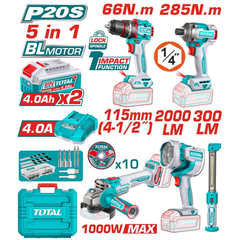 COMBO INALAMBRICO 20V TALADRO PERCUTOR 1/2 66 NM + ATORNILLADOR 285 NM + PULIDORA 4 1/2 1000W + LAMPARA DE TRABAJO 2000 LM + 