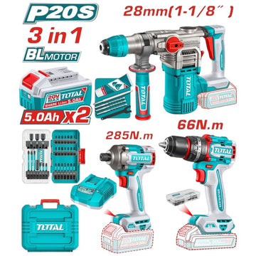 COMBO INALAMBRICO 20V TALADRO PERCUTOR 1/2" 66 NM + PISTOLA DE IMPACTO 1/4" 285 NM + TALADRO ROTOMARTILLO SDS PLUS 4.5 JULES 