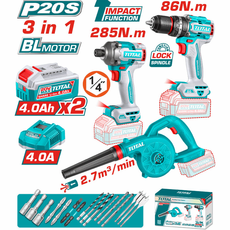 COMBO INALAMBRICO 20V TALADRO PERCUTOR ATORNILLADOR 1/2  86NM + ATORNILLADOR DE IMPACTO  1/4 285NM + SOPLADOR + 2 BATERIAS 4.