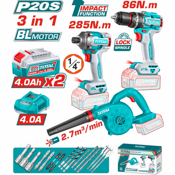 COMBO INALAMBRICO 20V TALADRO PERCUTOR ATORNILLADOR 1/2  86NM + ATORNILLADOR DE IMPACTO  1/4 285NM + SOPLADOR + 2 BATERIAS 4.