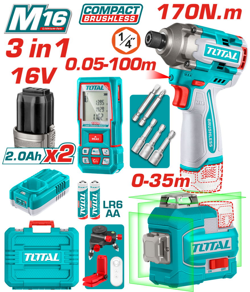 COMBO INALAMBRICO 16V  ATORNILLADOR DE IMPACTO 1/4 170NM + METRO LASER 100M + NIVEL LASER 35M LUZ VERDE +  BATERIAS 2.0AH Y C