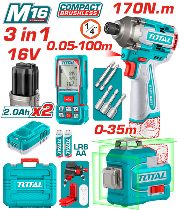 COMBO INALAMBRICO 16V  ATORNILLADOR DE IMPACTO 1/4 170NM + METRO LASER 100M + NIVEL LASER 35M LUZ VERDE +  BATERIAS 2.0AH Y C