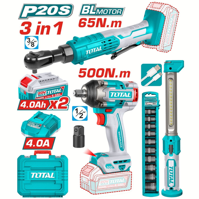 COMBO INALAMBRICO 20V  PISTOLA DE IMPACTO 1/2 500 NM + RACHE 65NM + LAMPARA DE TRABAJO 300 LUMENES +  2 BATERIAS 4.0AH  Y CAR