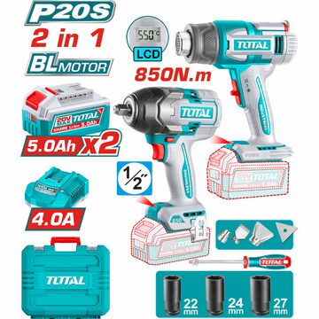 COMBO INALAMBRICO 20V PISTOLA IMPACTO 1/2 850NM + COPAS (22-24-27) +  PISTOLA CALOR INALAMBRICA  20V CON TEMPERATURA AJUSTABL