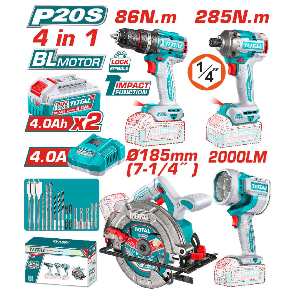 COMBO INALAMBRICO 20V TALADRO PERCUTOR 1/2" 86NM + ATORNILLADOR DE IMPACTO 1/4" 285NM + SIERRA CIRCULAR  7-1/4" + LAMPARA DE 