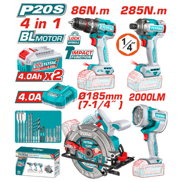 COMBO INALAMBRICO 20V TALADRO PERCUTOR 1/2" 86NM + ATORNILLADOR DE IMPACTO 1/4" 285NM + SIERRA CIRCULAR  7-1/4" + LAMPARA DE 