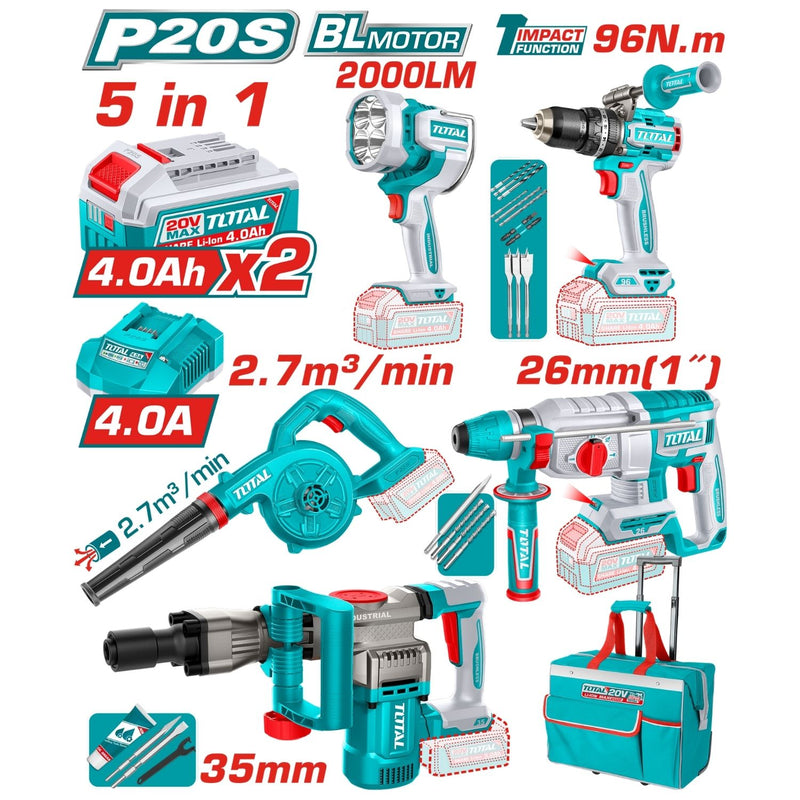 COMBO INALAMBRICO 20V TALADRO ROTOMARTILLO 1" 20V SDS PLUS 2,5 JULES +  DEMOLEDOR SDS HEX  16JULES + SOPLADORA +  TALADRO DE 