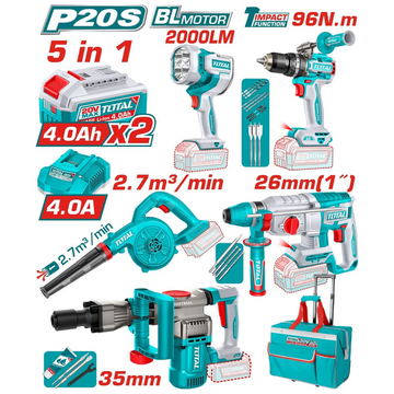 COMBO INALAMBRICO 20V TALADRO ROTOMARTILLO 1" 20V SDS PLUS 2,5 JULES +  DEMOLEDOR SDS HEX  16JULES + SOPLADORA +  TALADRO DE 