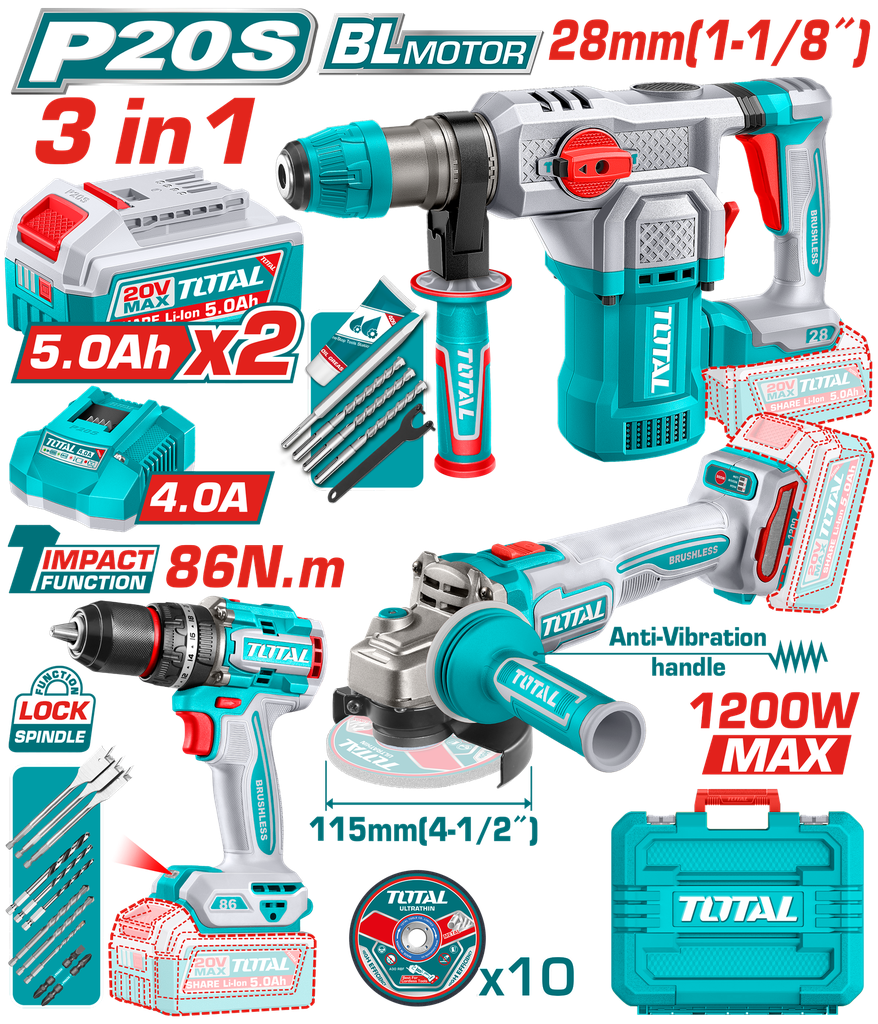 COMBO INALAMBRICO 20V TALADRO PERCUTOR  1/2" 86NM + PULIDORA 4-1/2" 1200W + TALADRO ROTOMARTILLO SDS PLUS 1-1/8"  4.5 JULES +