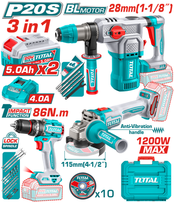COMBO INALAMBRICO 20V TALADRO PERCUTOR  1/2" 86NM + PULIDORA 4-1/2" 1200W + TALADRO ROTOMARTILLO SDS PLUS 1-1/8"  4.5 JULES +