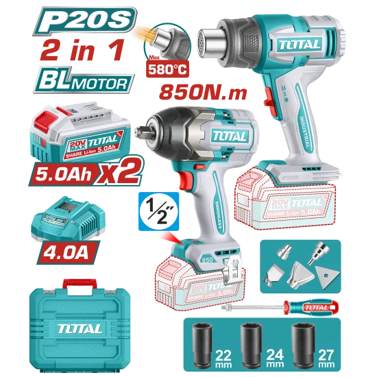 COMBO INALAMBRICO 20V PISTOLA IMPACTO INALAMBRICA 1/2" 850NM + PISTOLA CALOR TEMPERATURA AJUSTABLE 30-580°C + 2 BATERIAS 5.0A