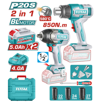 COMBO INALAMBRICO 20V PISTOLA IMPACTO INALAMBRICA 1/2" 850NM + PISTOLA CALOR TEMPERATURA AJUSTABLE 30-580°C + 2 BATERIAS 5.0A