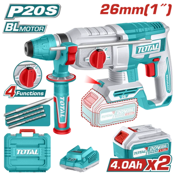 ROTOMARTILLO 1" 20V SDS PLUS 2,5 JULES INCLUYE 3 BROCAS , 1 CINCEL, CARGADOR Y BATERIA INDUSTRIAL TOTAL