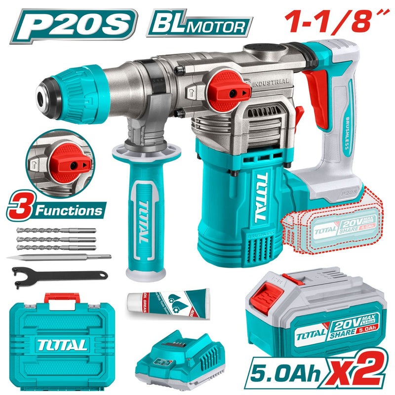 TALADRO ROTOMARTILLO SDS PLUS 4.5J 2 BATERIAS 5.0AH CARGADOR Y ACCESORIOS INDUSTRIAL (TOTAL)