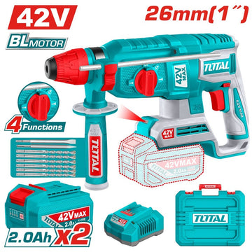 TALADRO ROTOMARTILLO SDS PLUS 42V 2.5 JULES INCLYE 2 BATERIAS 2.0 AH, 1 CARGADOR Y ACCESORIOS INDUSTRIAL SUPER TOTAL (UTRHLI4