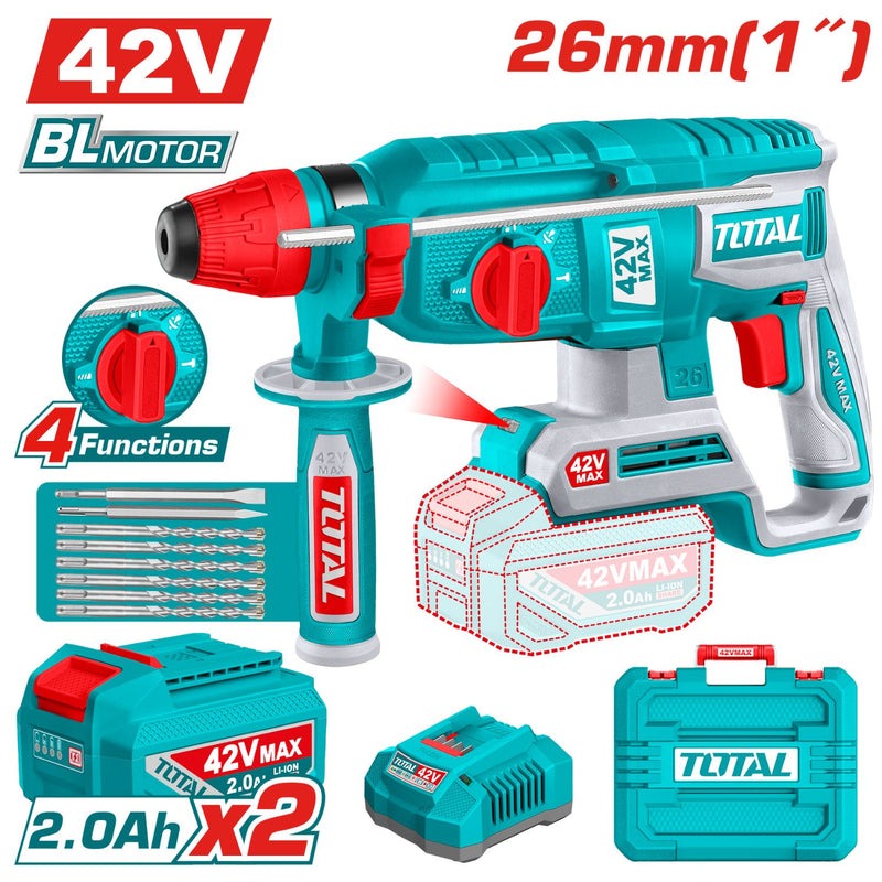 TALADRO ROTOMARTILLO SDS PLUS 42V 2.5 JULES INCLYE 2 BATERIAS 2.0 AH, 1 CARGADOR Y ACCESORIOS INDUSTRIAL SUPER TOTAL (UTRHLI4