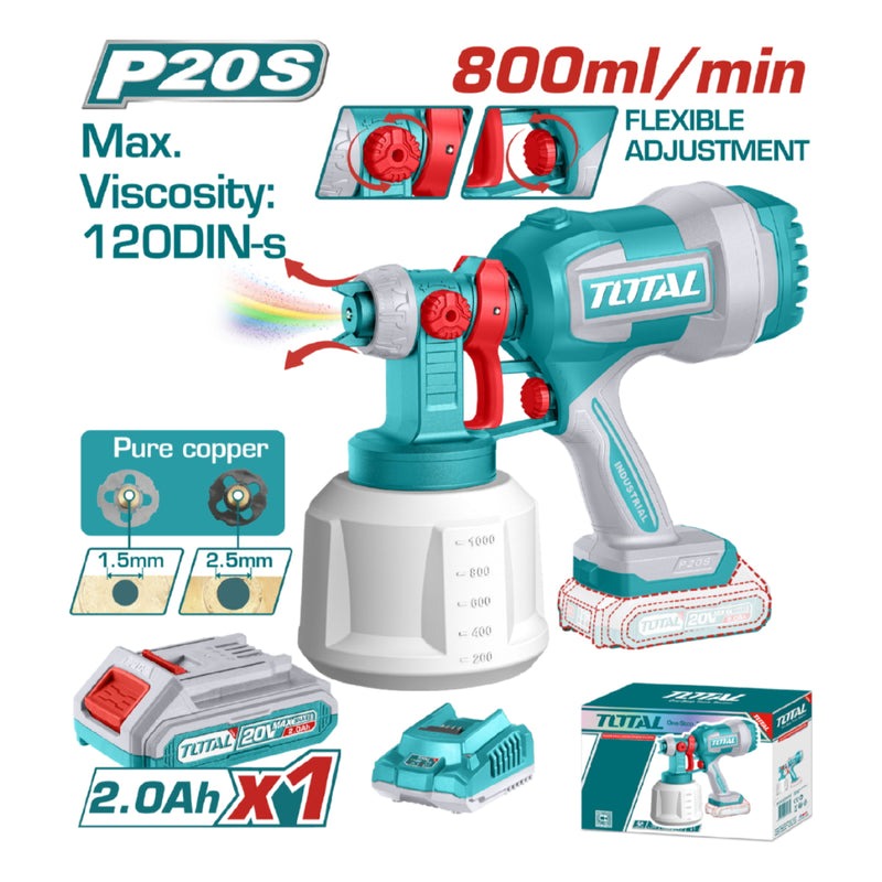 PISTOLA PINTAR INALAMBRICA 800ML 20V + BATERIA 20V+CARGADOR TOTAL